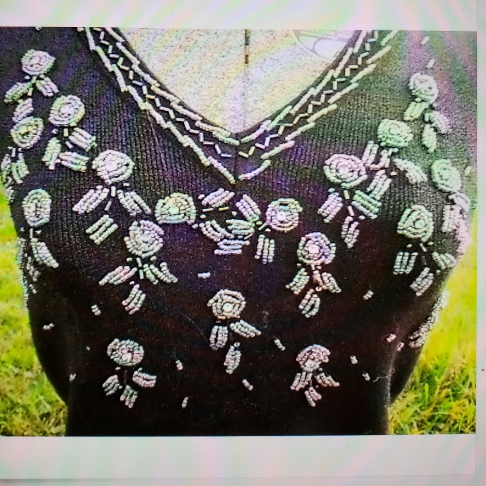 Black Beaded Knit Top Size S New